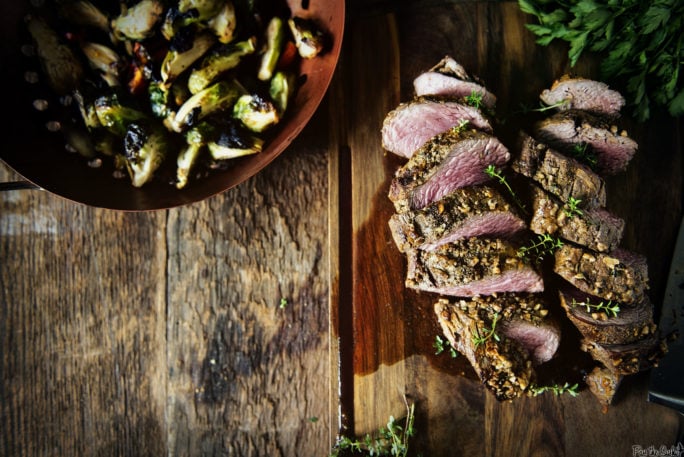 Walnut Crusted Grilled Beef Tenderloins with Charred Brussels