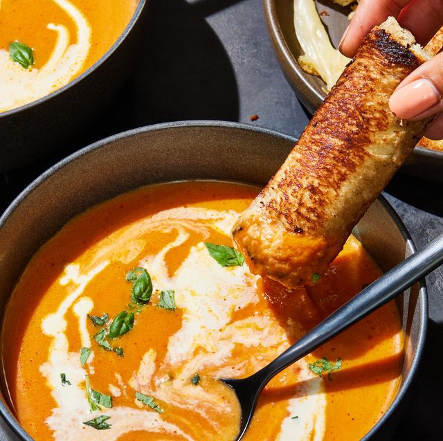 Pumpkin Tomato Soup With Grilled Swiss Cheese Sticks